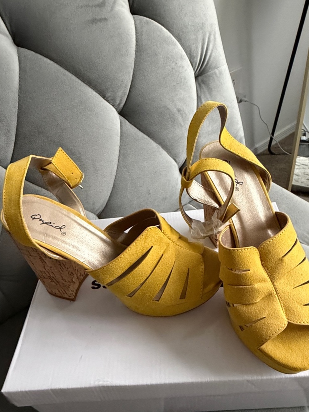 Qupid Yellow Suede Cork Block Heel Wedge Sandals